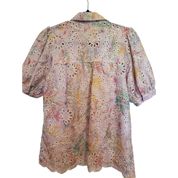 Umgee Pink Floral Eyelet Button Up Blouse Short Sleeve Puff Sleeve Small - Picture 6 of 7
